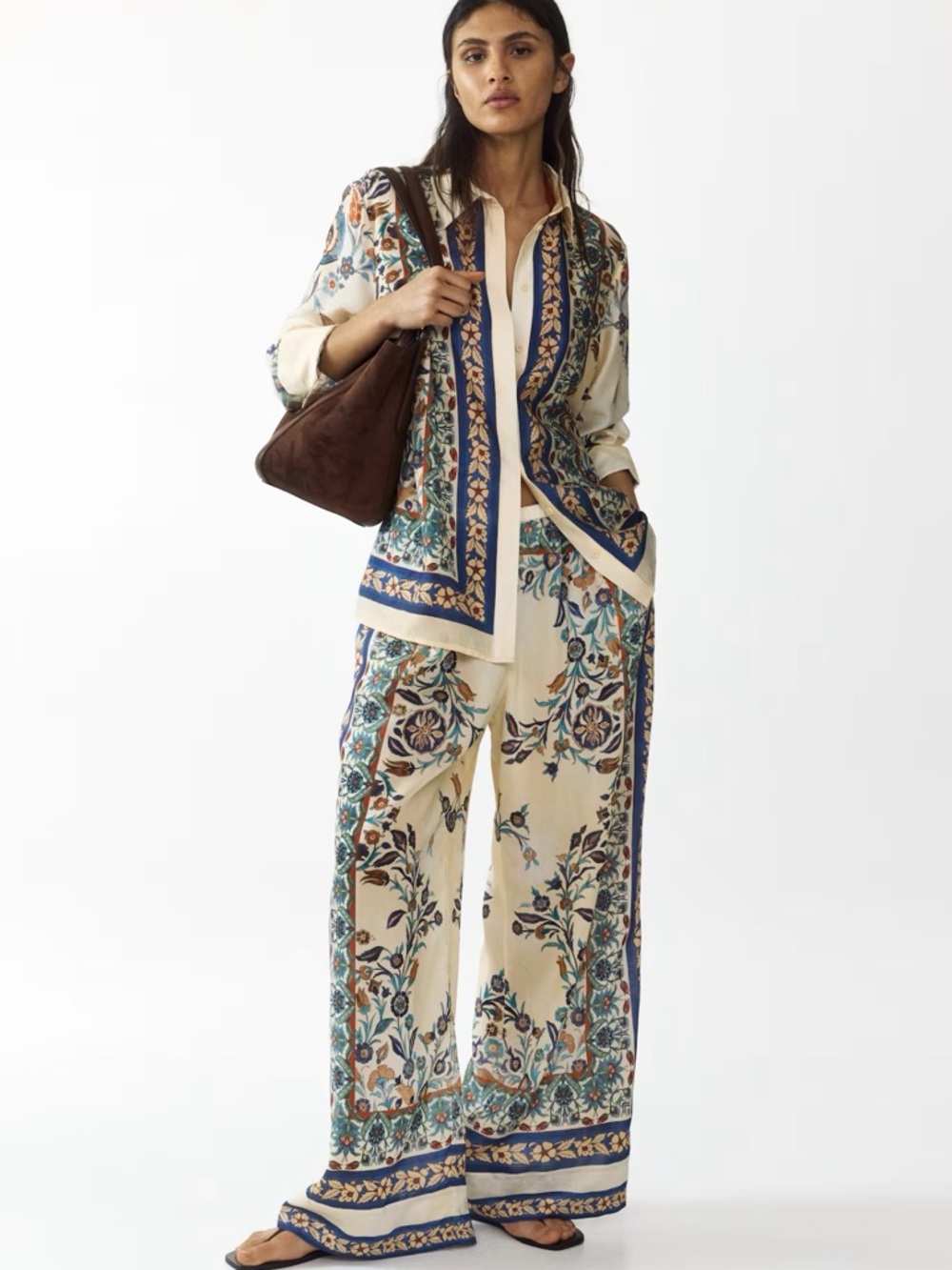 H&M Printed Light Beige/Floral Drawstring Pants For Women. NWT. Sz L. SOLD OUT